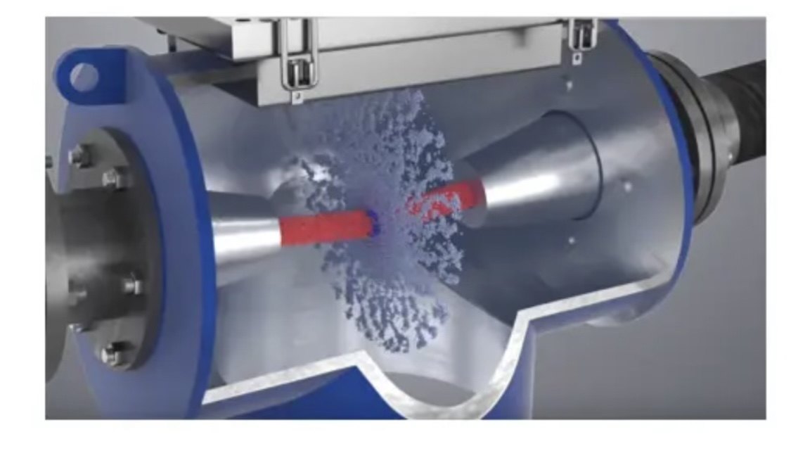 Cutaway of the HPSA chamber showing opposing high-velocity slurry jets colliding and dispersing particles